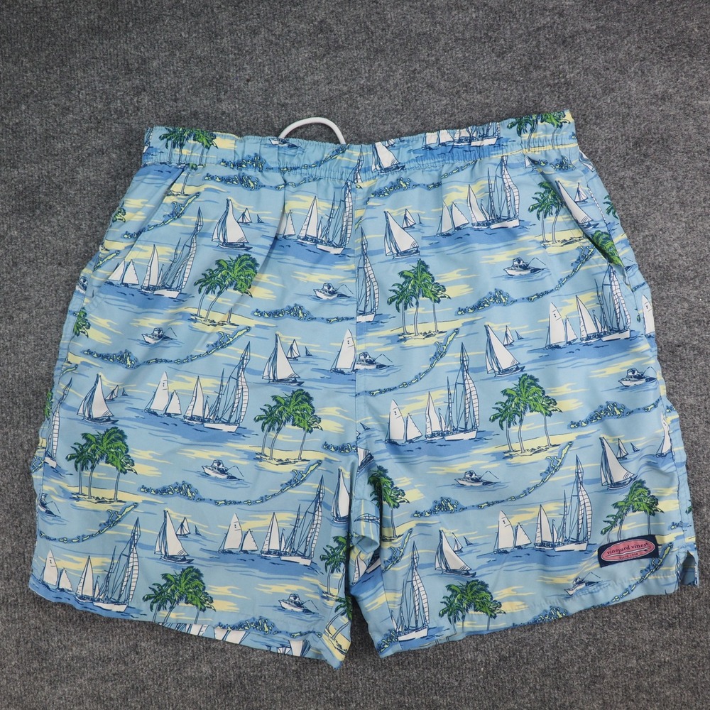 Vineyard Vines Swim Trunks Mens Large Blue Sailboat Palm Tree Preppy Nautical